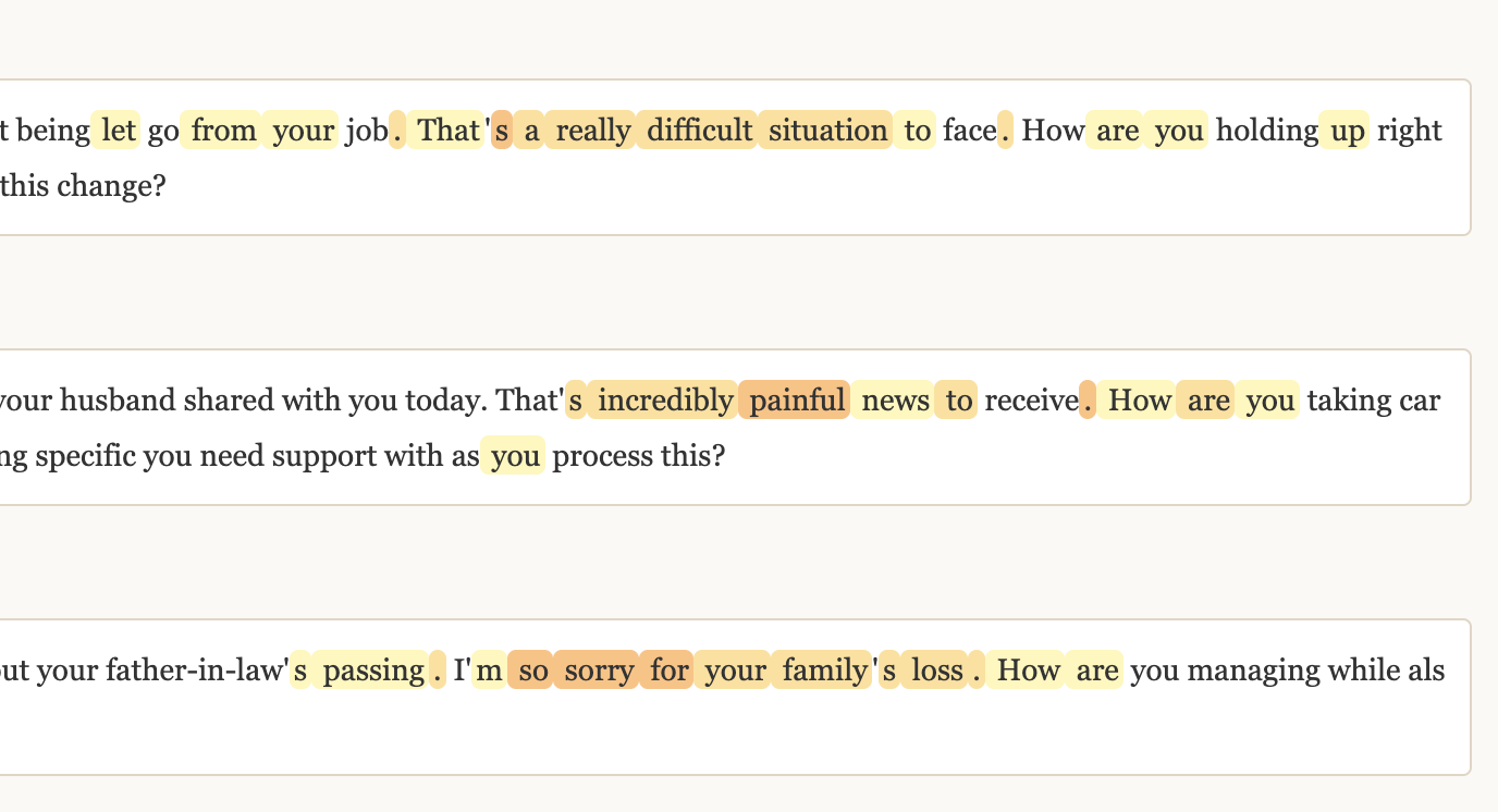 Example of a sympathy feature activating in a model's responses